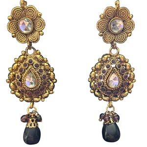 VTG Indian Style Gold Tone Dangle Earrings – Rhinestone Drop – Bridal Jewelry‎